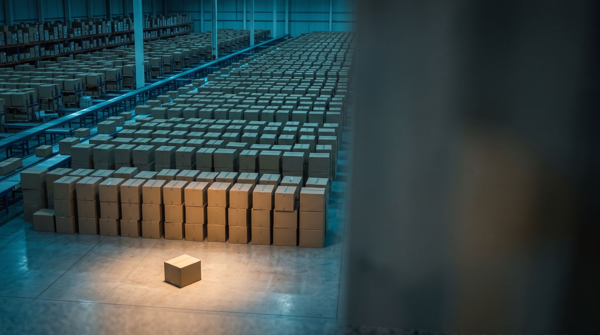 A vast parcel warehouse in blue light with one cardboard box spotlit on the floor apart from the rest