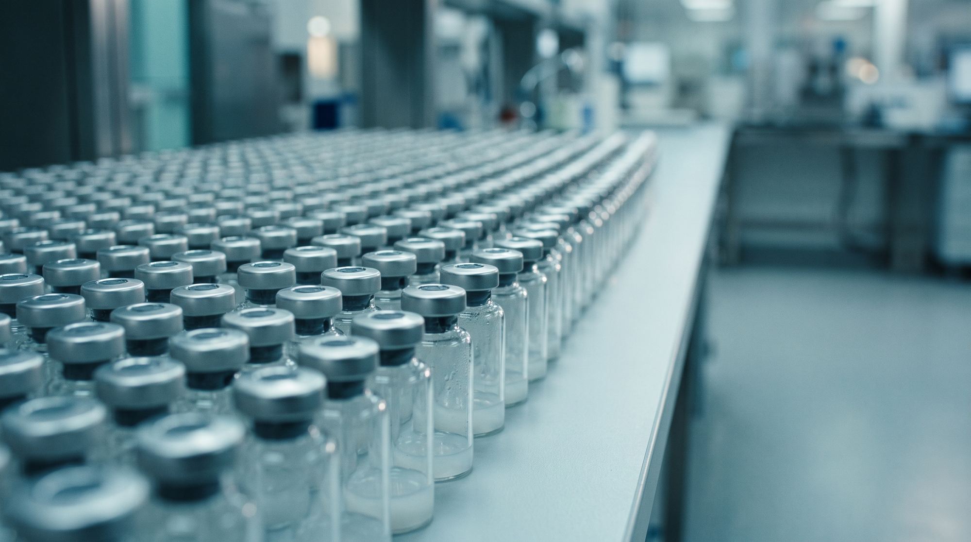 Hundreds of identical sealed glass vials in rows on a laboratory bench
