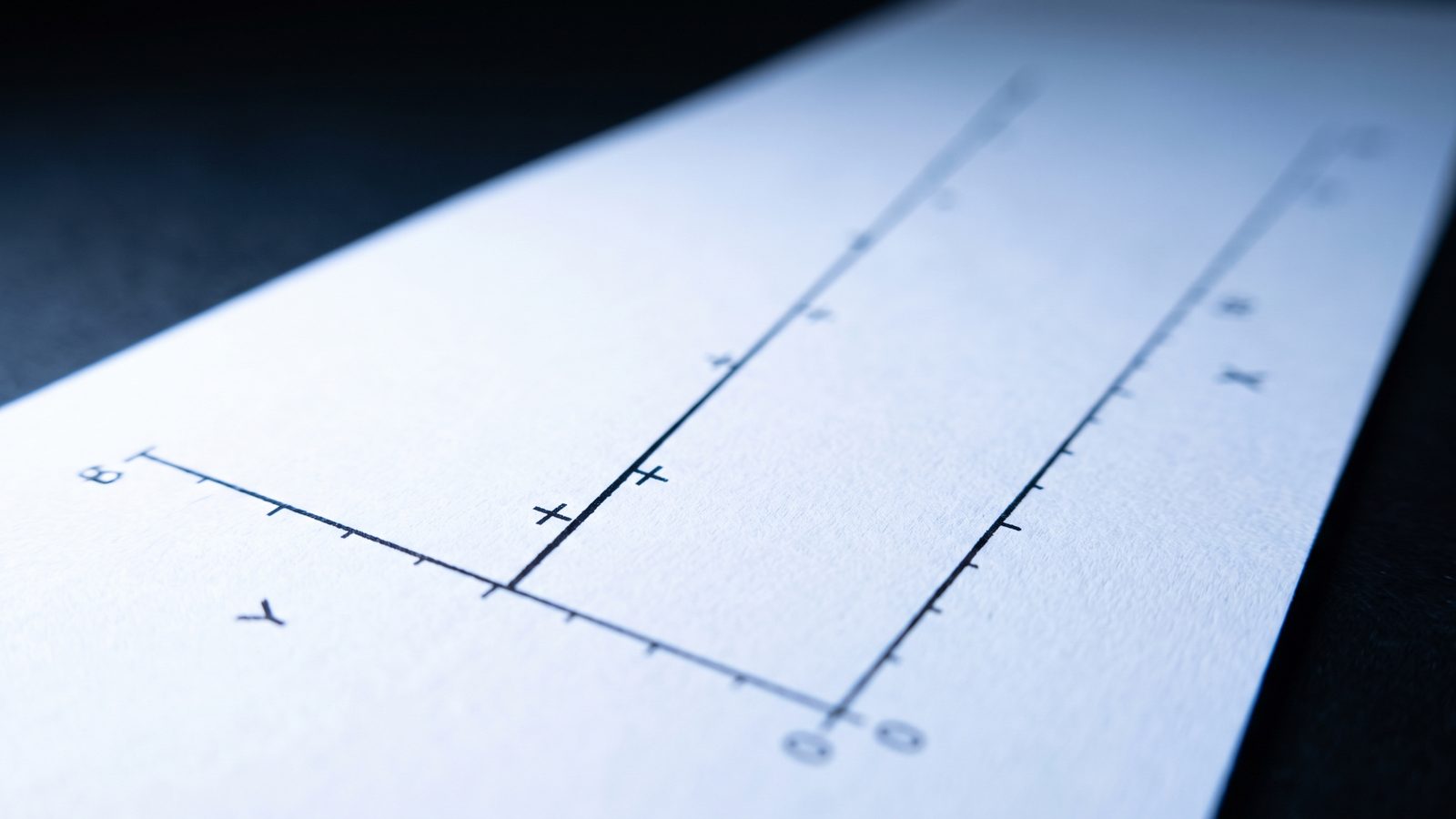 Extreme close-up of a printed calibration plot: a straight fitted line through several points, running away into shallow focus, not passing through the origin