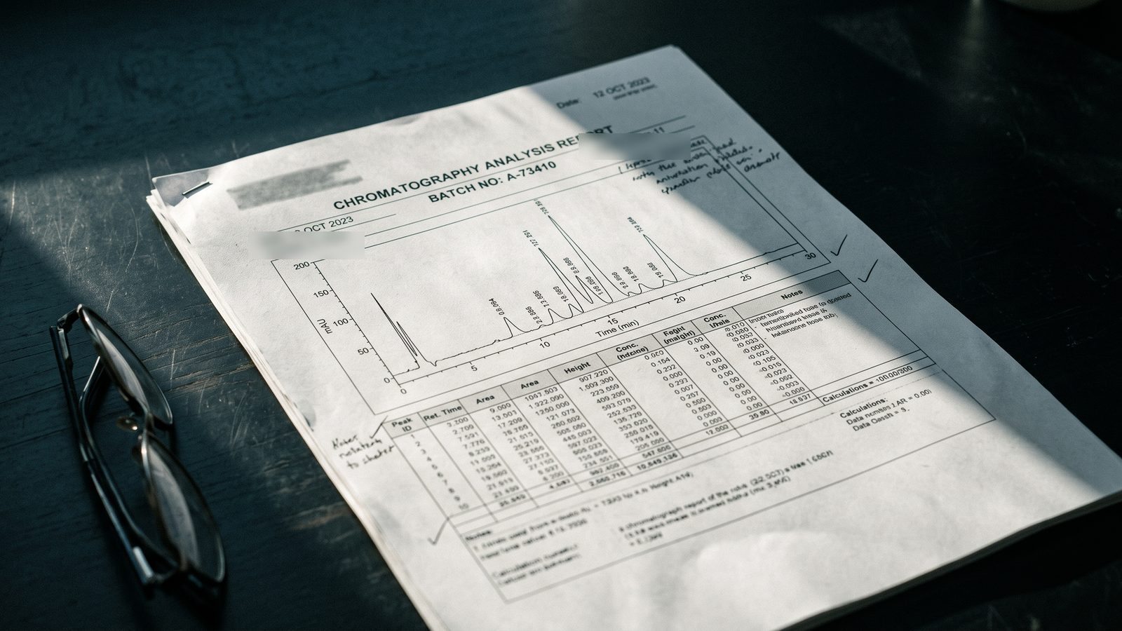 A chromatography analysis report lying on a dark bench under raking light, with a pair of reading glasses beside it