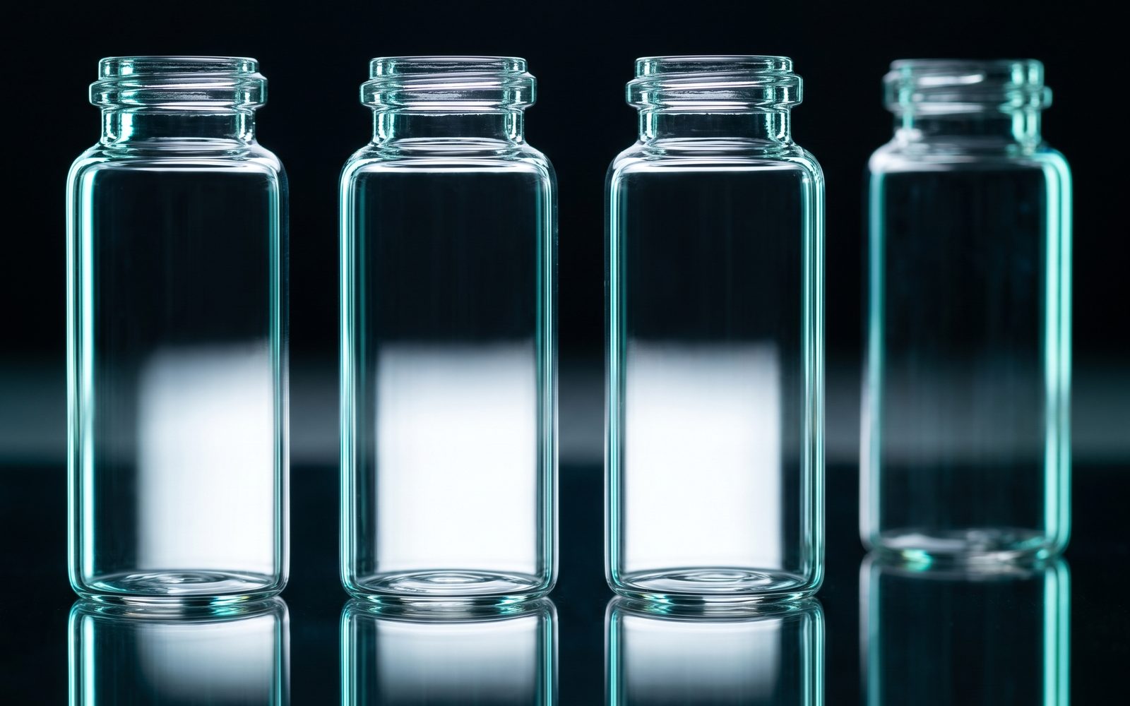 Four identical clear glass vials lit from behind on a dark reflective bench; three are sharp and the fourth is softer and darker