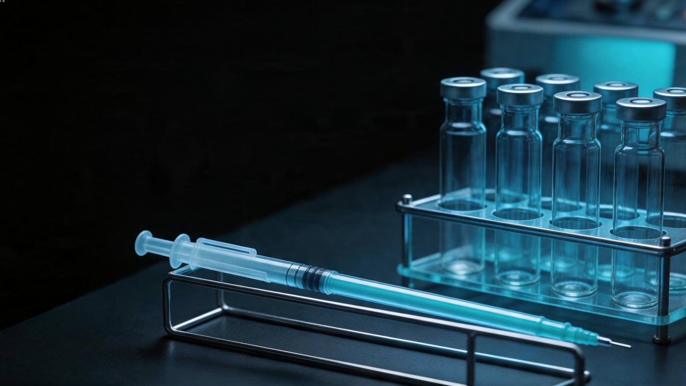 A laboratory bench in low light, nobody present