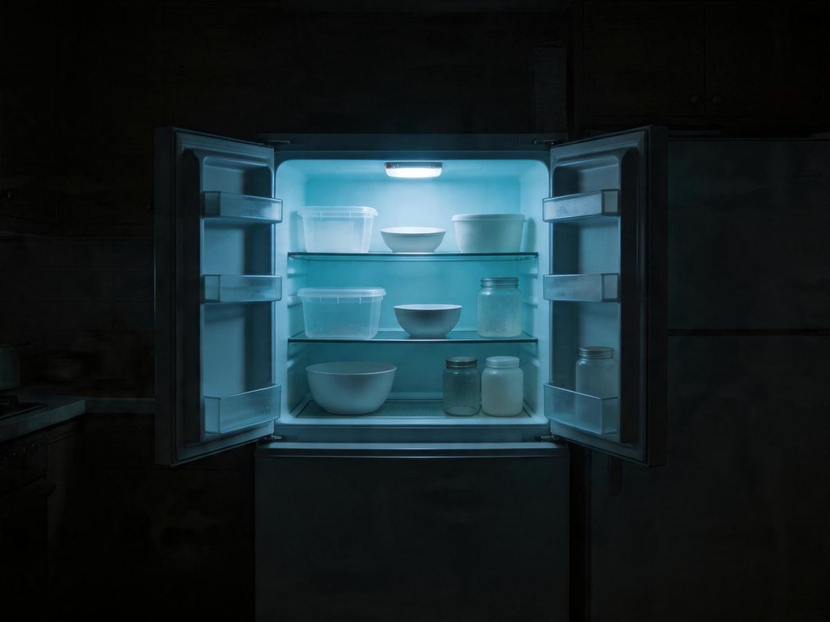 The inside of an ordinary domestic refrigerator, lit only by its own bulb